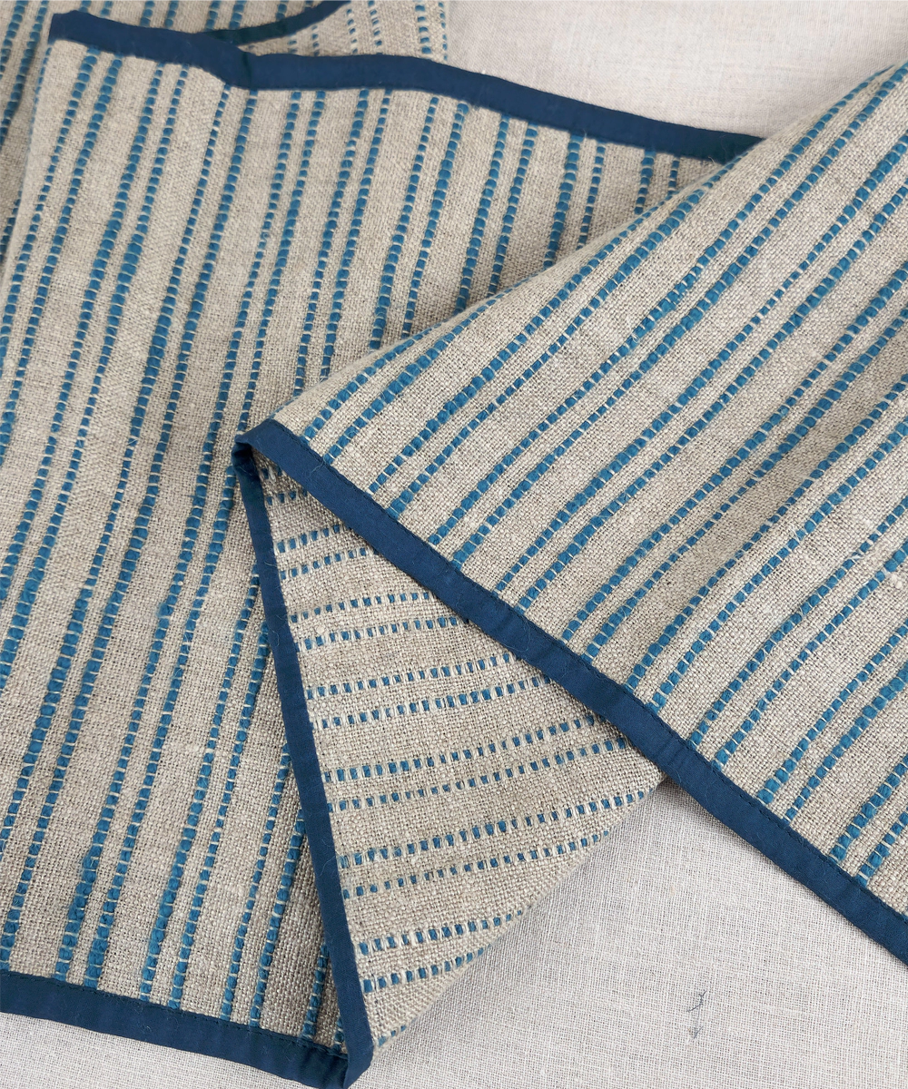 6 seater Linen Natural & Teal Yarn Dye Table Runner
