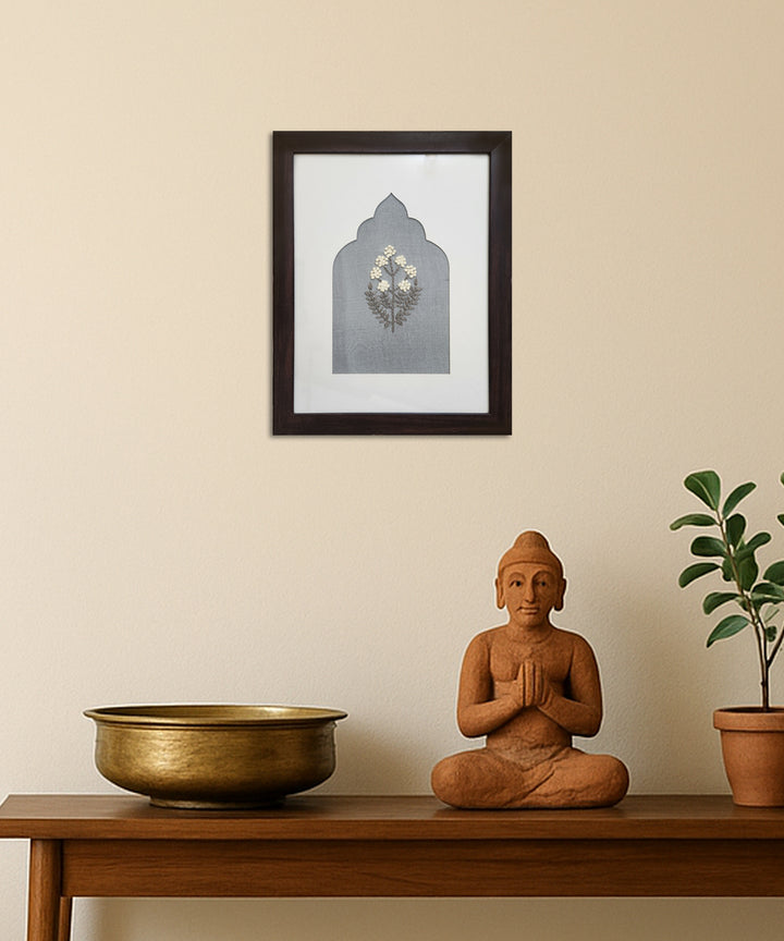 Grey Floral Hand Embroidered Wall Art | Framed