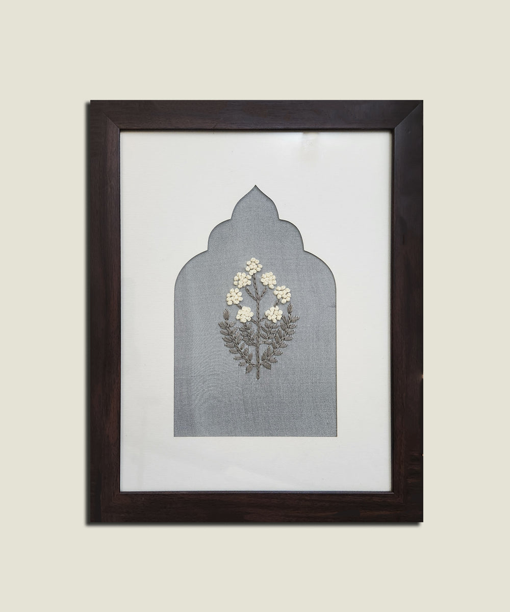 Grey Floral Hand Embroidered Wall Art | Framed