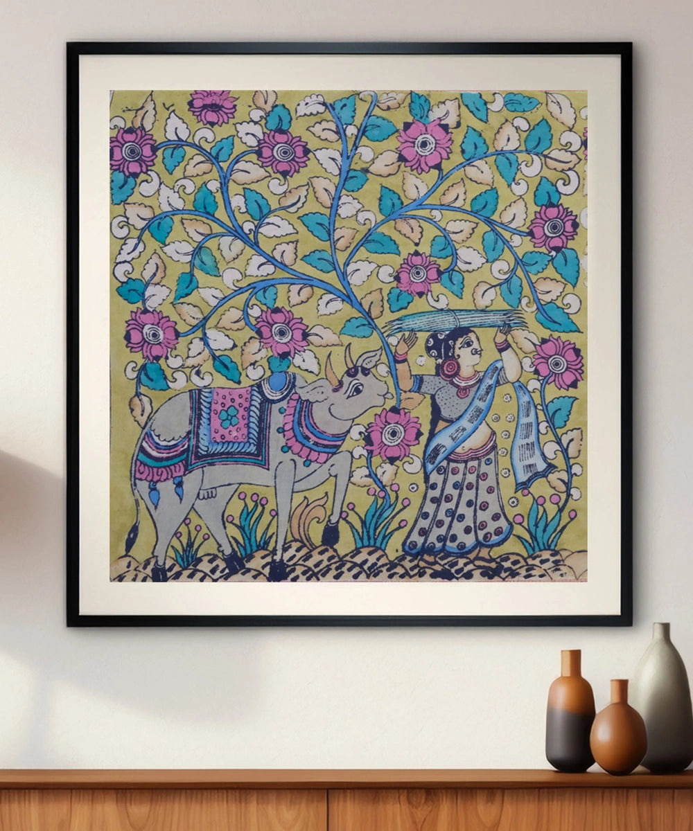 Kalamkari Painting On Silk Cloth| Lady with Cow | 29x28.5 Inches | Unframed