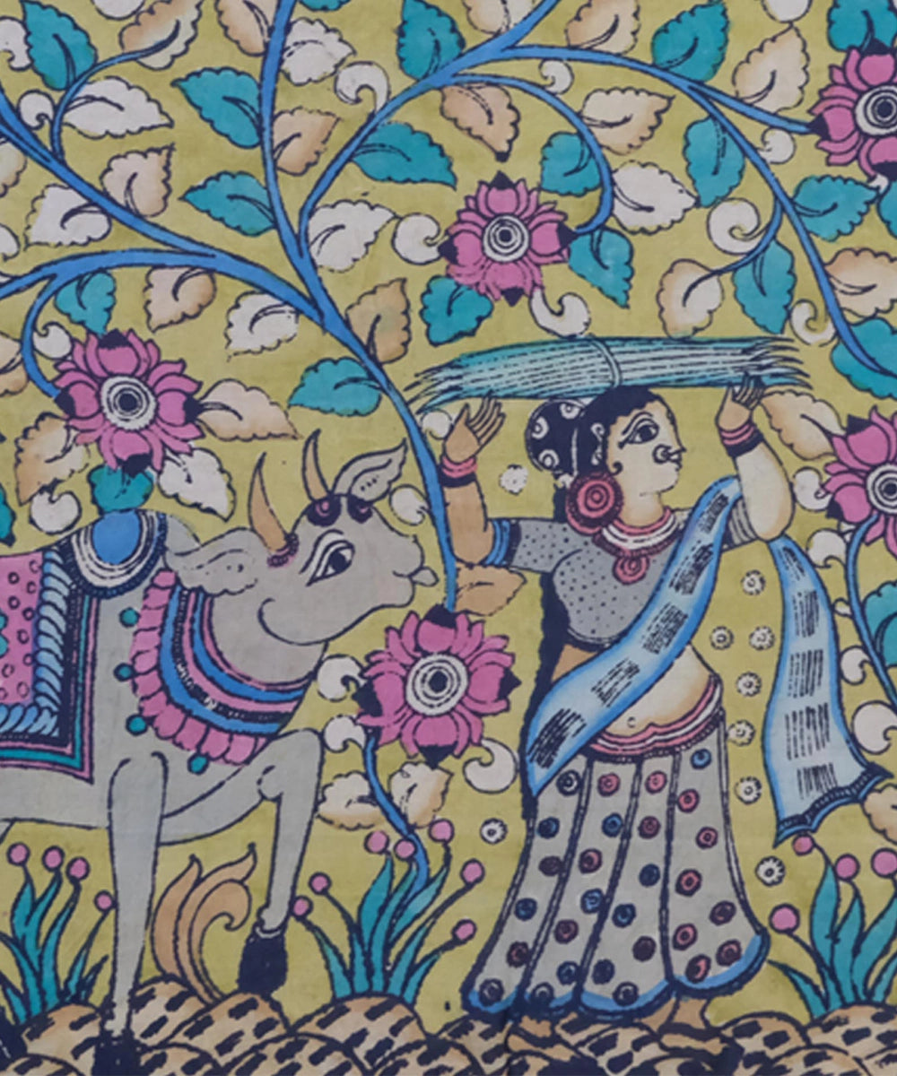 Kalamkari Painting On Silk Cloth| Lady with Cow | 29x28.5 Inches | Unframed