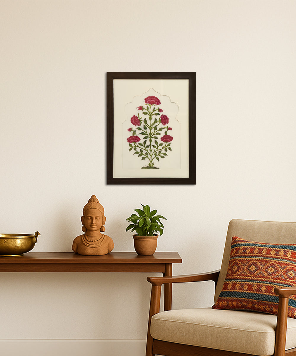 Pink & Green Floral Block printed with hand embroidery Framed Wall Art