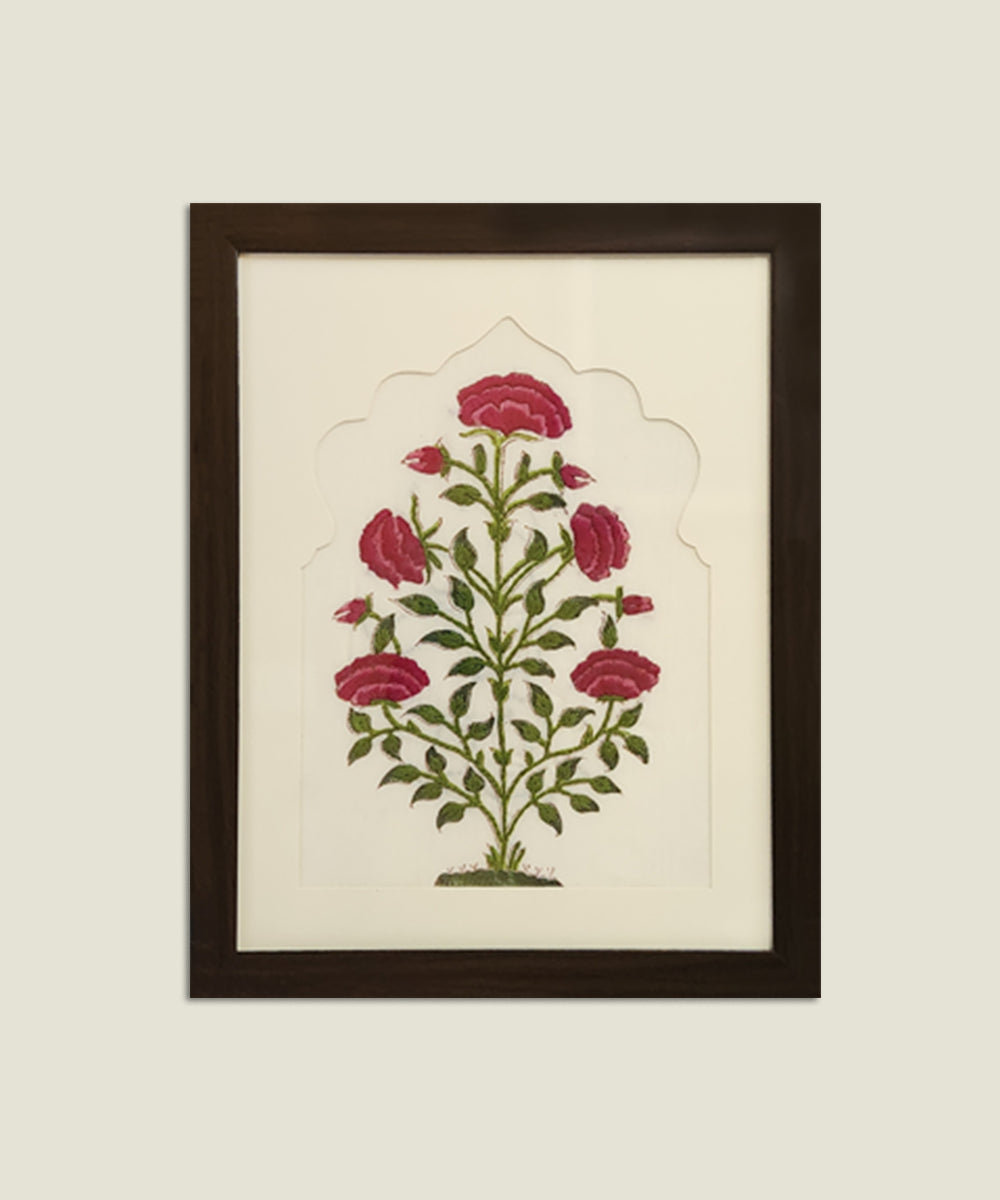 Pink & Green Floral Block printed with hand embroidery Framed Wall Art