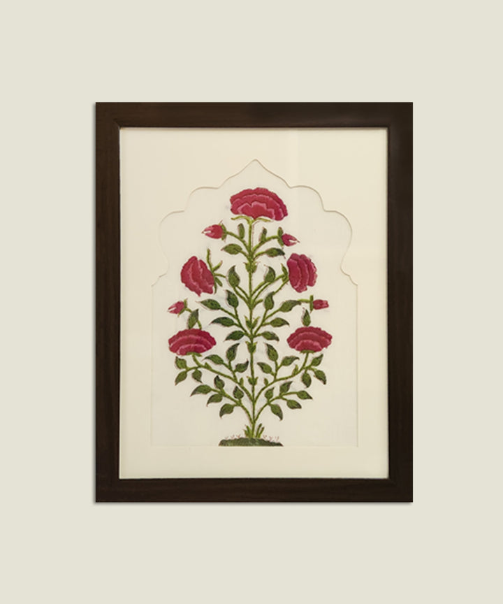 Pink & Green Floral Block printed with hand embroidery Framed Wall Art