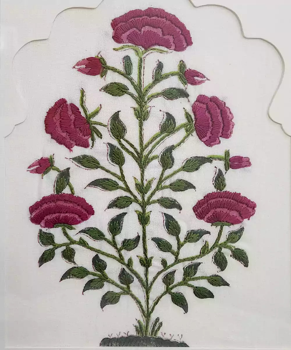 Pink & Green Floral Block printed with hand embroidery Framed Wall Art