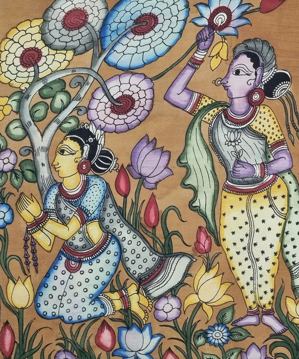 Kalamkari Painting on Silk Cloth| 4 Ladies in a Garden With Tree | 39x26 Inches | Unframed