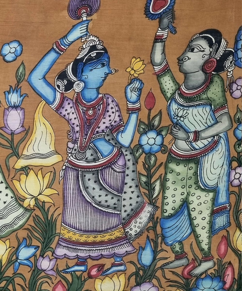 Kalamkari Painting on Silk Cloth| 4 Ladies in a Garden With Tree | 39x26 Inches | Unframed