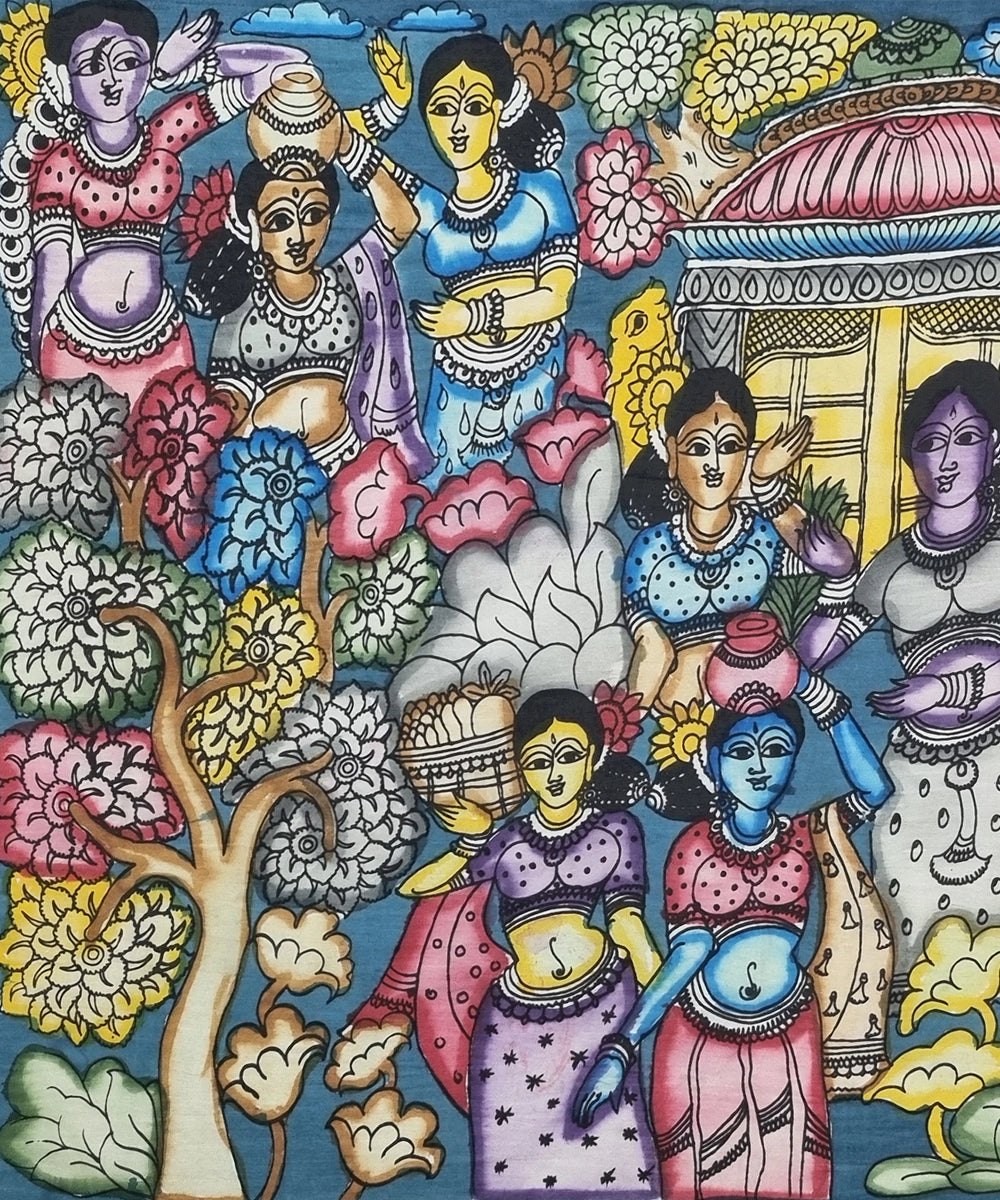 Kalamkari Painting on Silk Cloth| 4 Ladies in a Garden With Tree | 39x26 Inches | Unframed