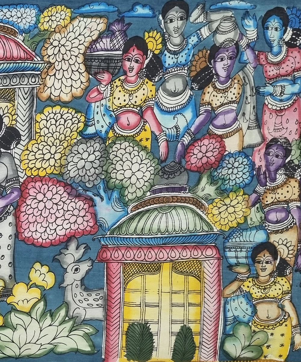 Kalamkari Painting on Silk Cloth| Ladies in Forest with Animals and Huts | 40x23 Inches | Unframed