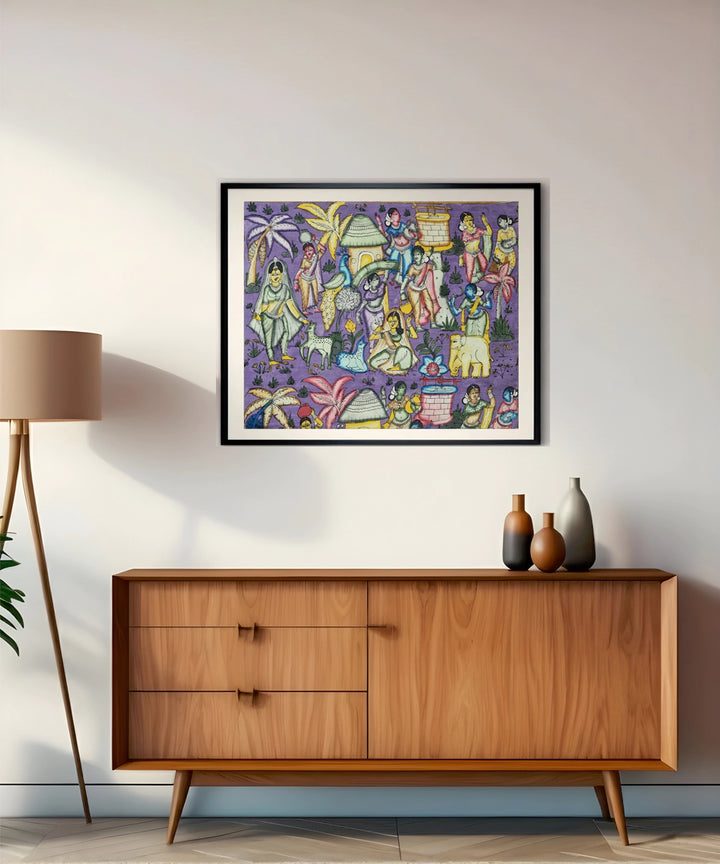 Kalamkari Painting on Silk Cloth| Village Scene | 37x30 Inches | Unframed
