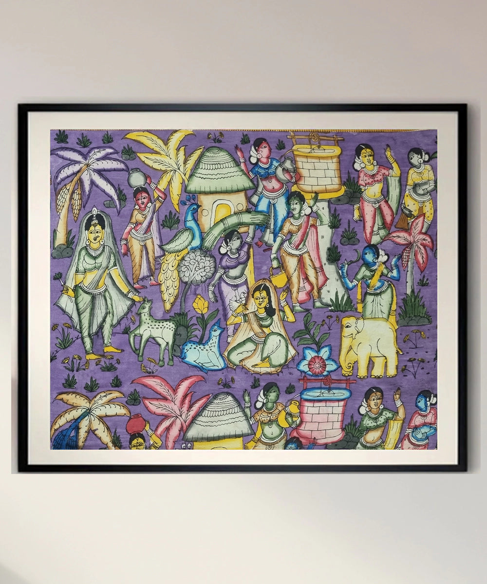 Kalamkari Painting on Silk Cloth| Village Scene | 37x30 Inches | Unframed