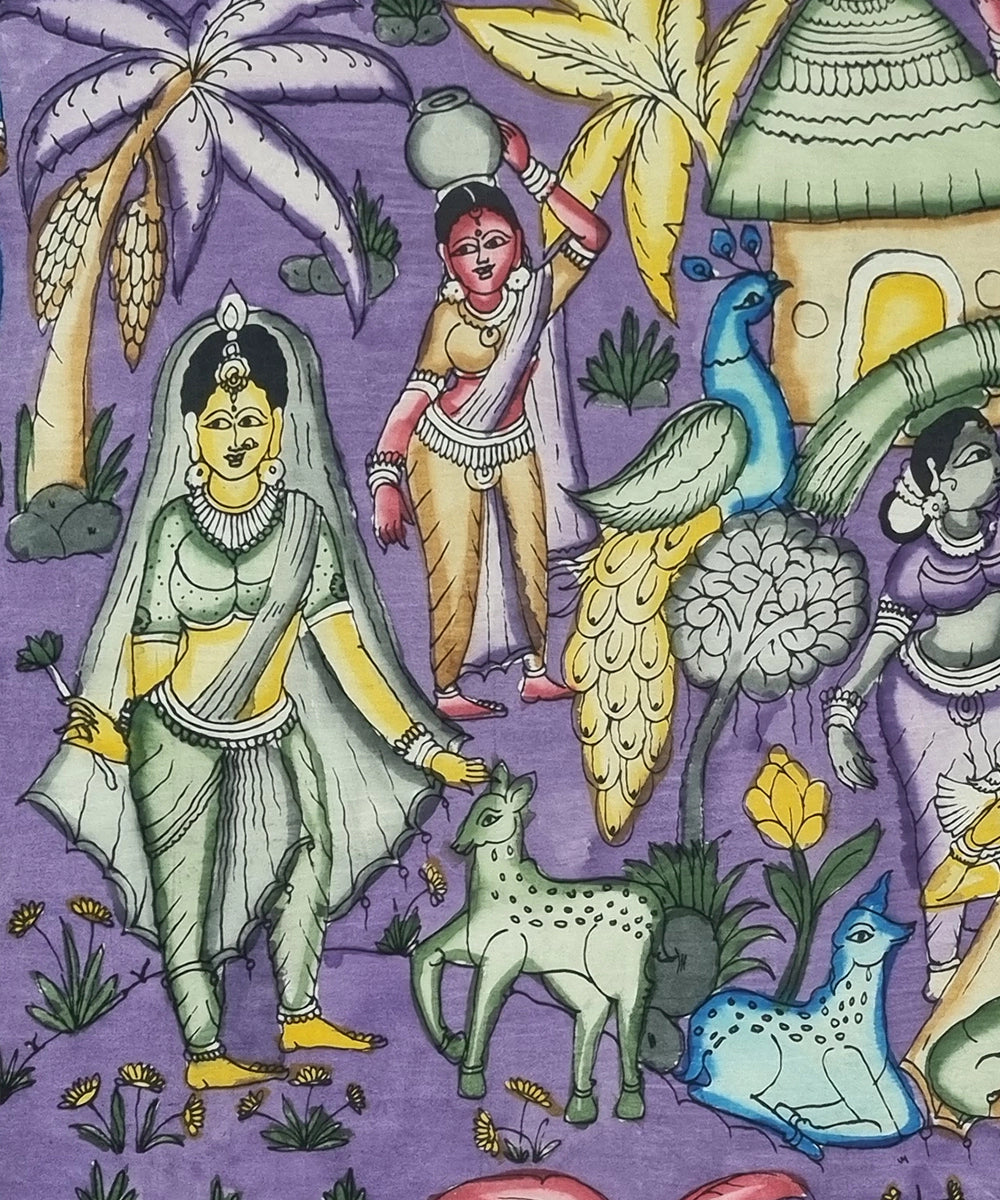 Kalamkari Painting on Silk Cloth| Village Scene | 37x30 Inches | Unframed