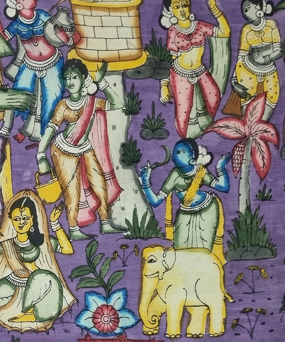 Kalamkari Painting on Silk Cloth| Village Scene | 37x30 Inches | Unframed