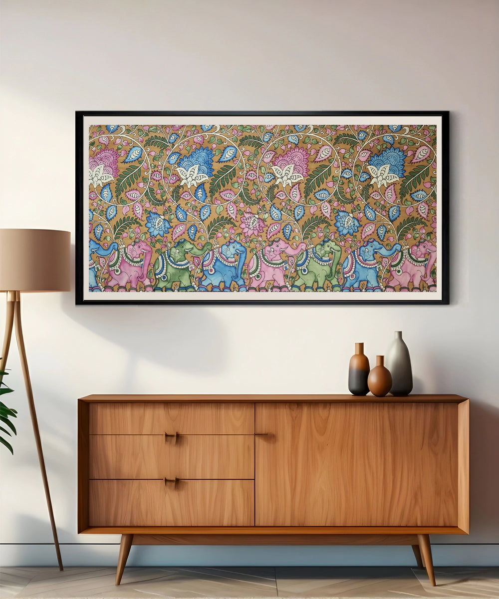 Kalamkari Painting on Silk Cloth| 7 Multicolor Elephants with Spiral Floral Motifs I 65x31 Inches | Unframed