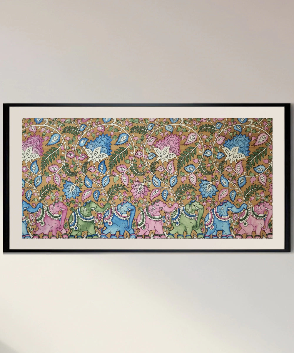 Kalamkari Painting on Silk Cloth| 7 Multicolor Elephants with Spiral Floral Motifs I 65x31 Inches | Unframed