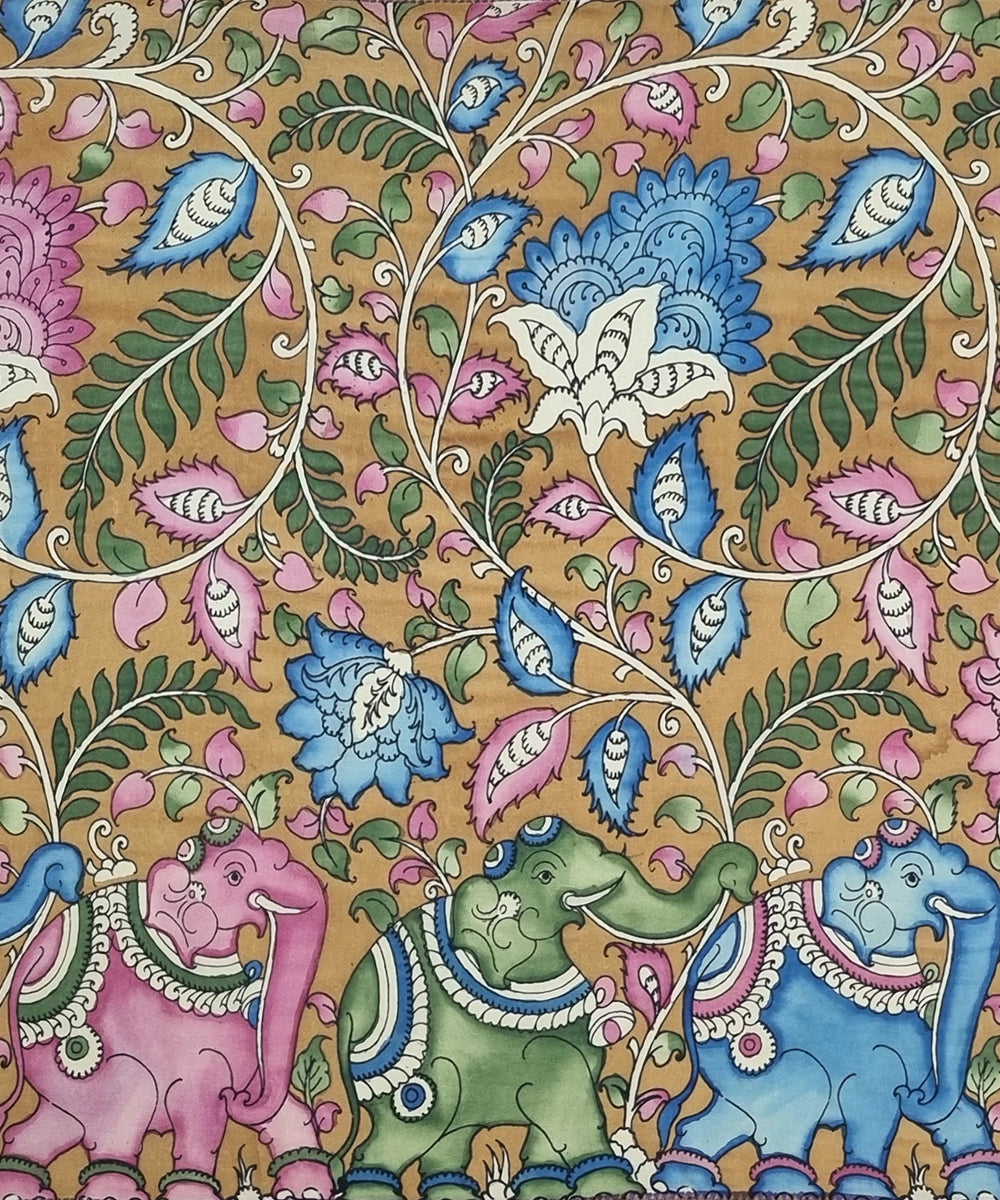Kalamkari Painting on Silk Cloth| 7 Multicolor Elephants with Spiral Floral Motifs I 65x31 Inches | Unframed
