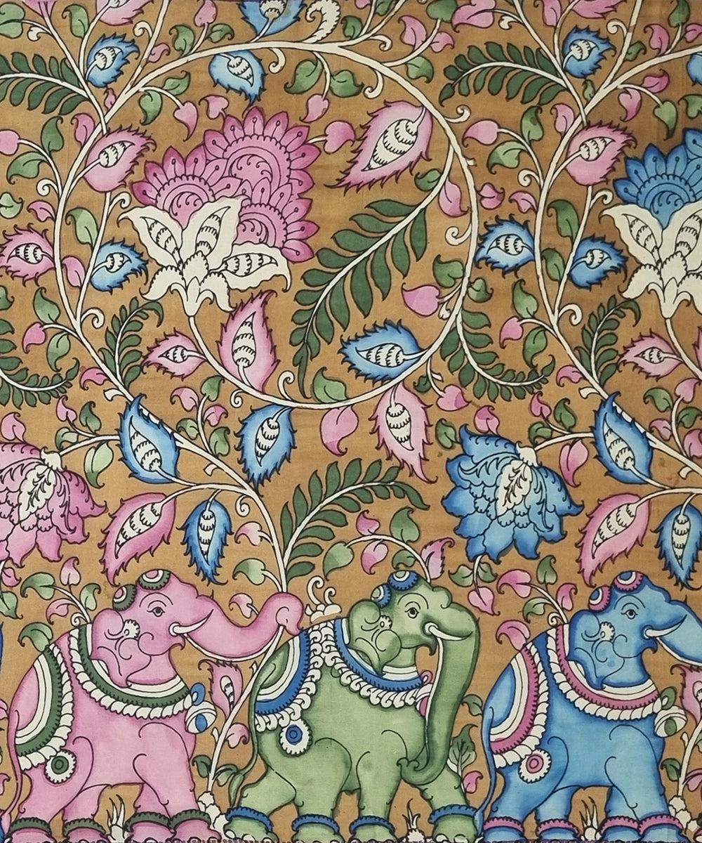 Kalamkari Painting on Silk Cloth| 7 Multicolor Elephants with Spiral Floral Motifs I 65x31 Inches | Unframed