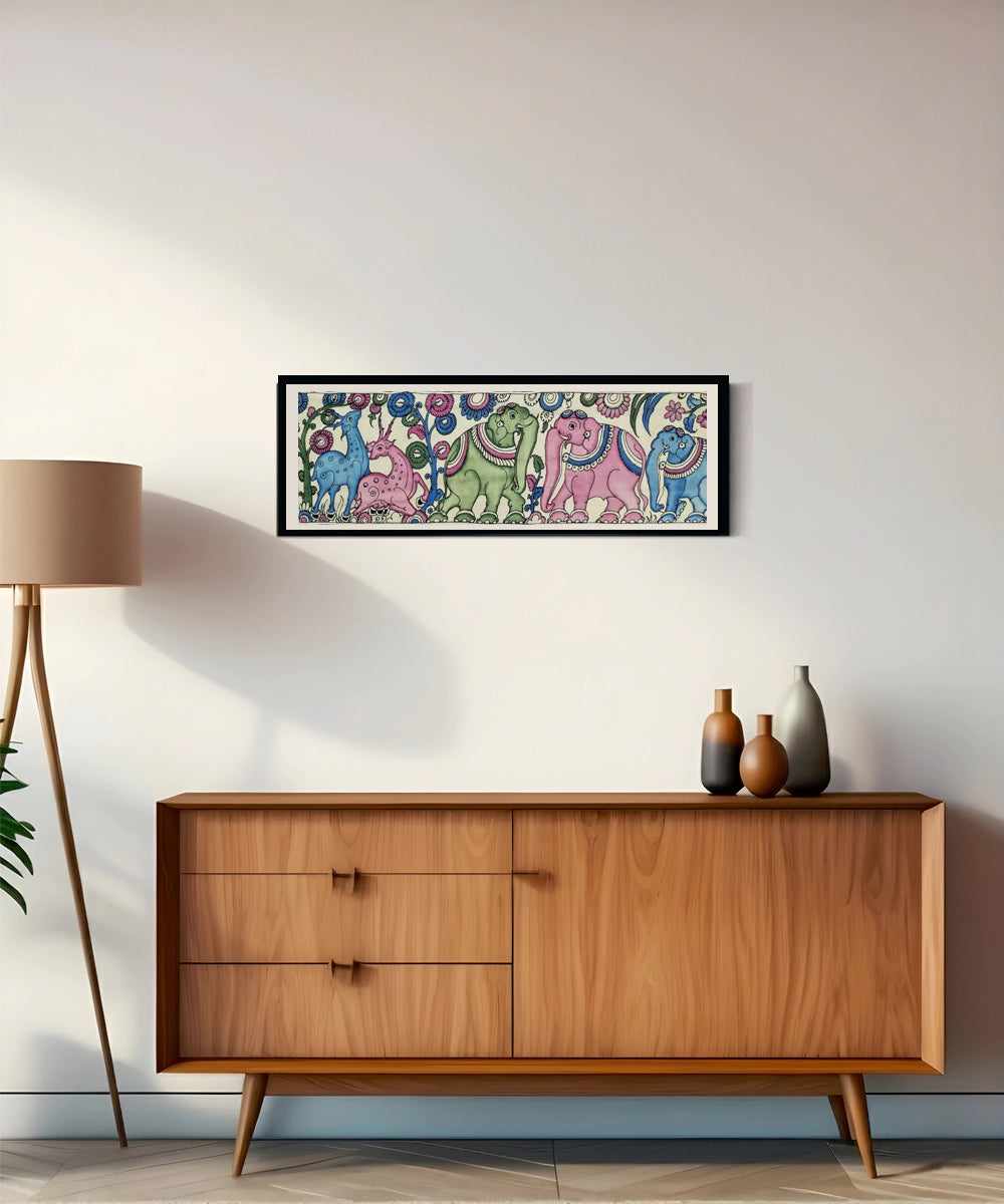 Kalamkari Painting on Silk Cloth| Elephants and Deer's Surrounded by Flowers I 29.5x9 Inches | Unframed