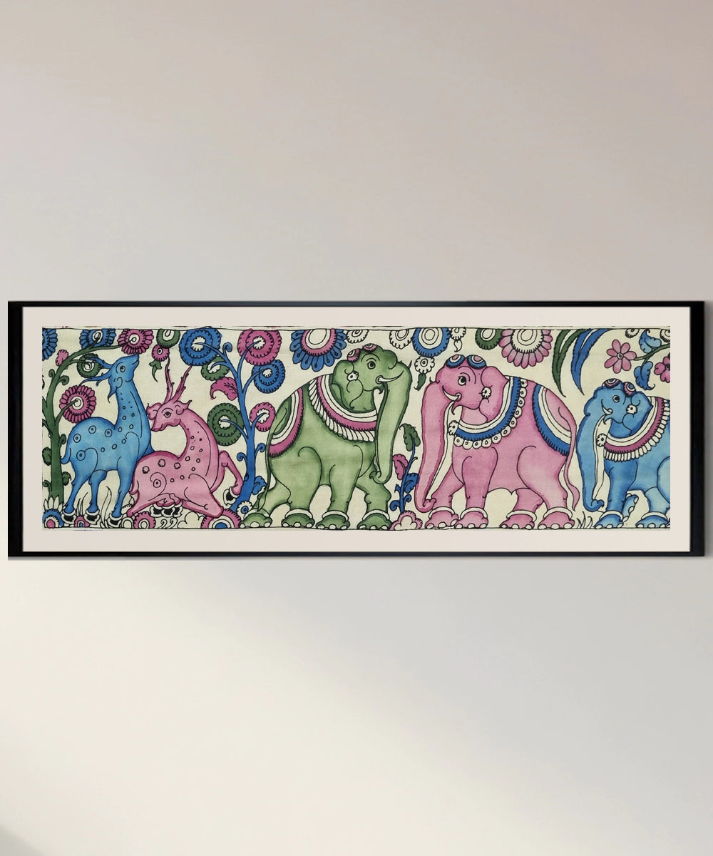 Kalamkari Painting on Silk Cloth| Elephants and Deer's Surrounded by Flowers I 29.5x9 Inches | Unframed