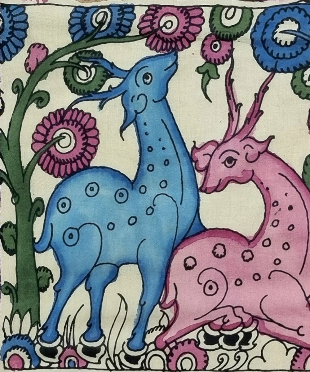 Kalamkari Painting on Silk Cloth| Elephants and Deer's Surrounded by Flowers I 29.5x9 Inches | Unframed