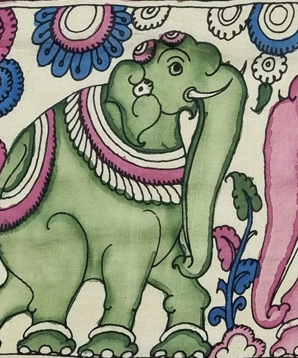 Kalamkari Painting on Silk Cloth| Elephants and Deer's Surrounded by Flowers I 29.5x9 Inches | Unframed