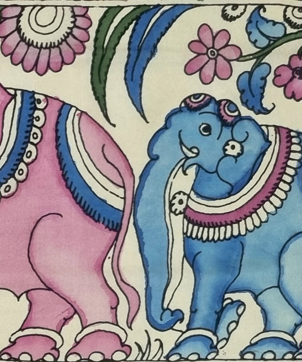 Kalamkari Painting on Silk Cloth| Elephants and Deer's Surrounded by Flowers I 29.5x9 Inches | Unframed
