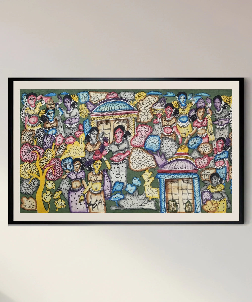 Kalamkari Painting on Silk Cloth| Ladies in Forest with Huts and Animals I 40x23 Inches | Unframed