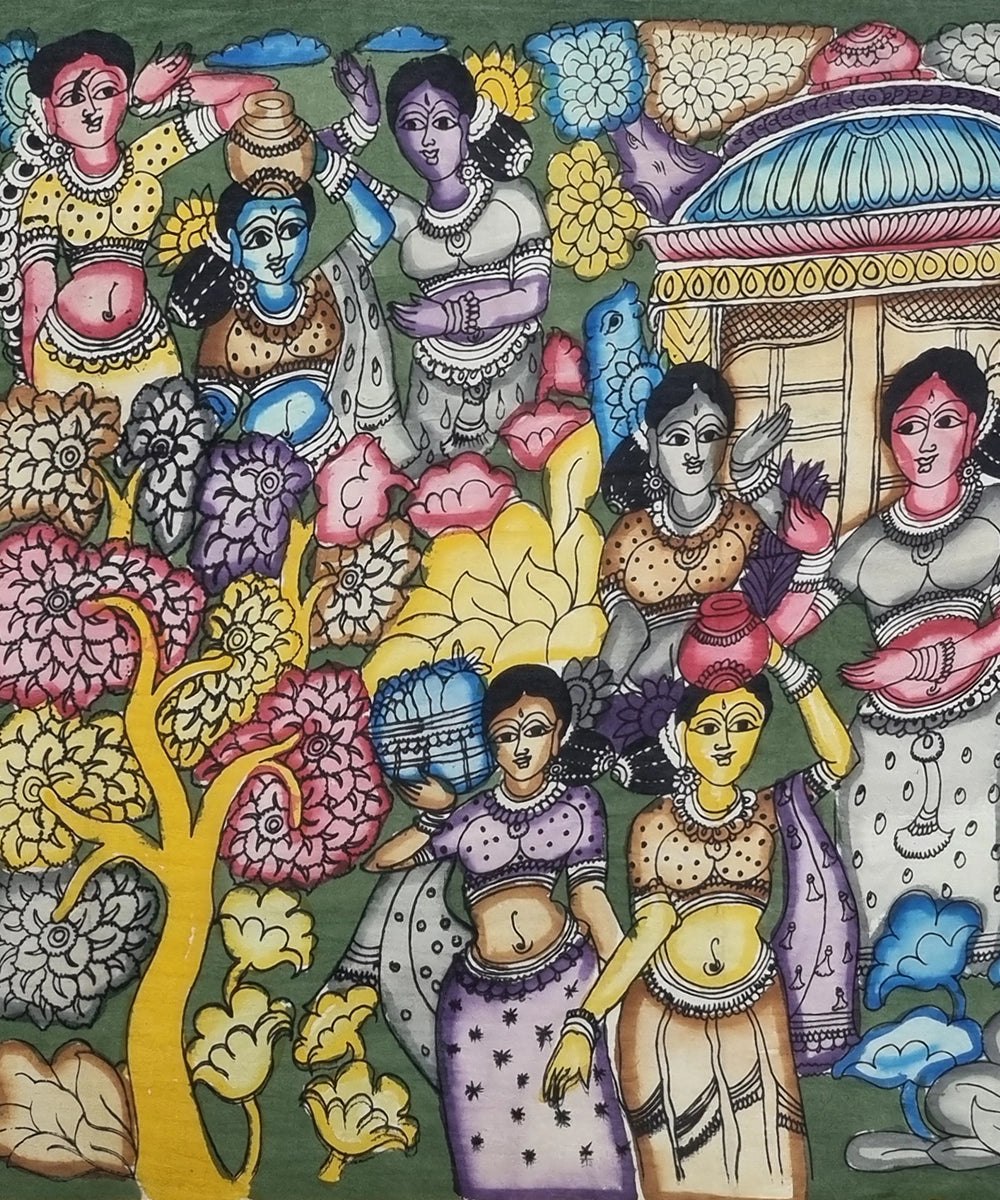 Kalamkari Painting on Silk Cloth| Ladies in Forest with Huts and Animals I 40x23 Inches | Unframed