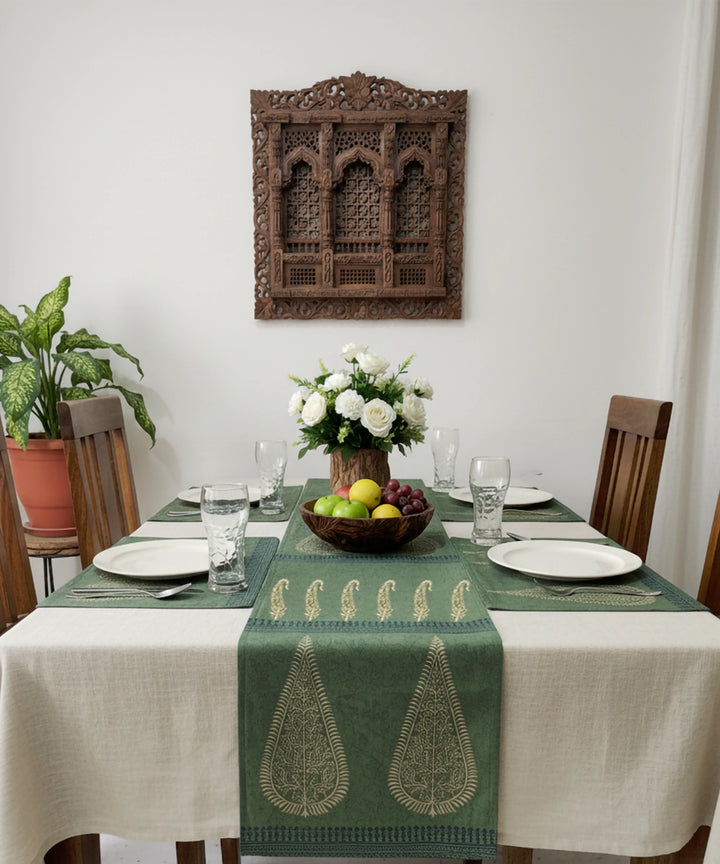 Set of 6 pcs Olive hand block printed cotton canvas Table Mats with 1 pc 6 seater Table Runner