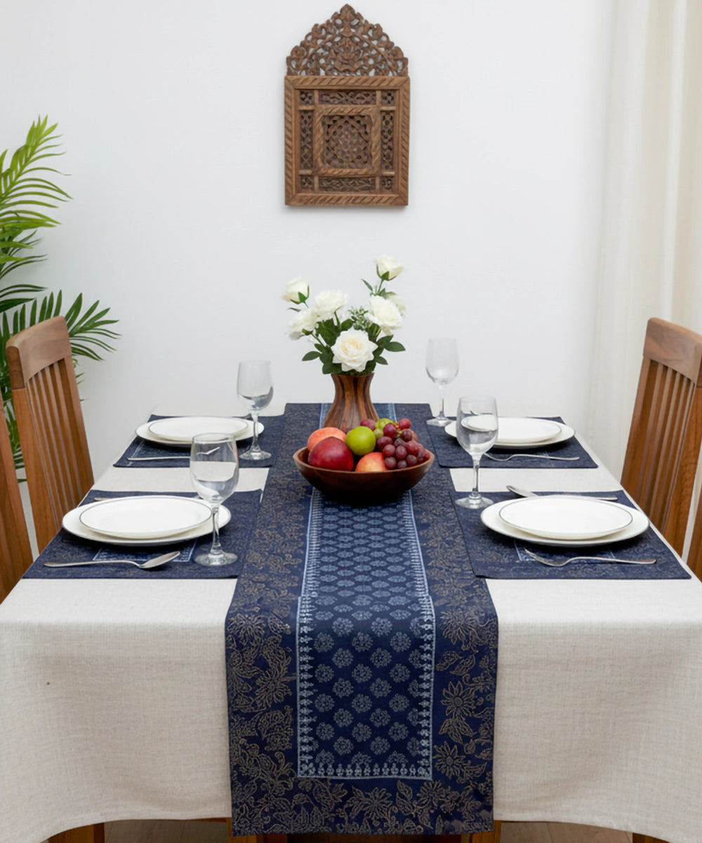 Set of Navy with Golden & Grey Hand Block Printed Cotton Canvas Table Runner with 6 pcs Table Mats