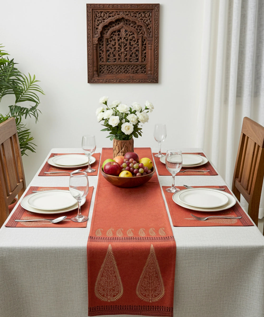 Set of 6 pcs Burnt Orange hand block printed cotton canvas Table Mats with 1 pc 6 seater Table Runner