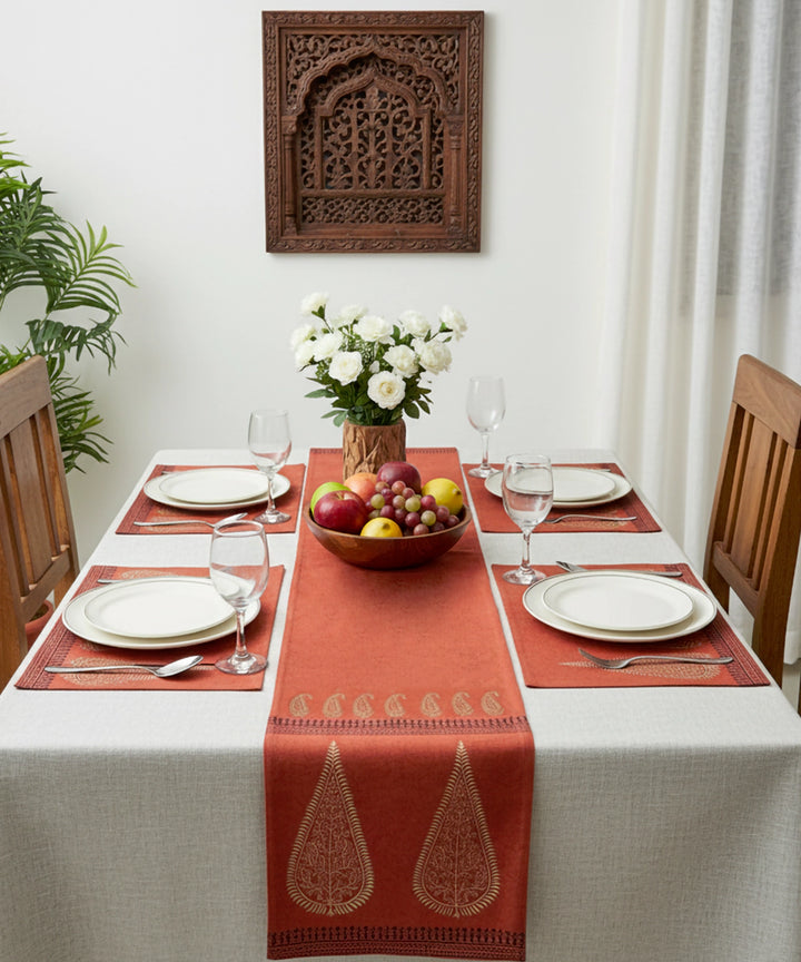Set of 6 pcs Burnt Orange hand block printed cotton canvas Table Mats with 1 pc 6 seater Table Runner