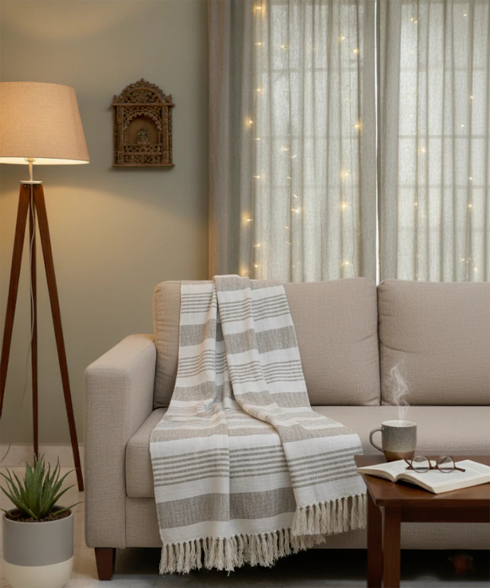 Cream & Light Brown Yarn Dye Cotton Handwoven Throw