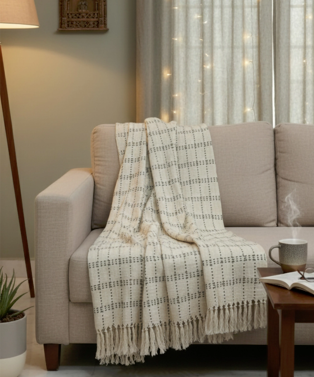 Cream & Charcoal Hand Woven Cotton Sofa Throw