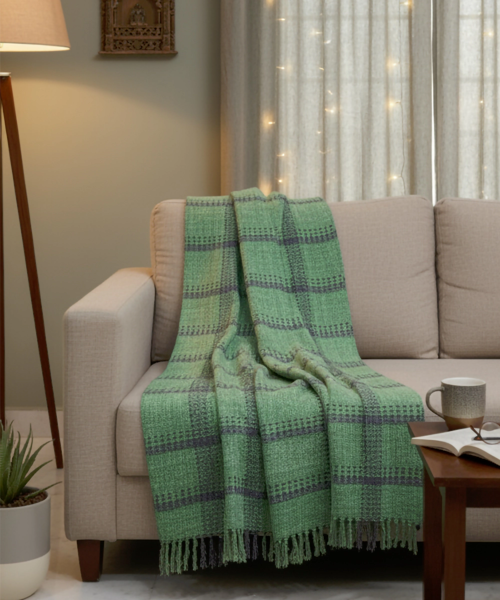 Green & Charcoal Hand Woven Cotton Sofa Throw