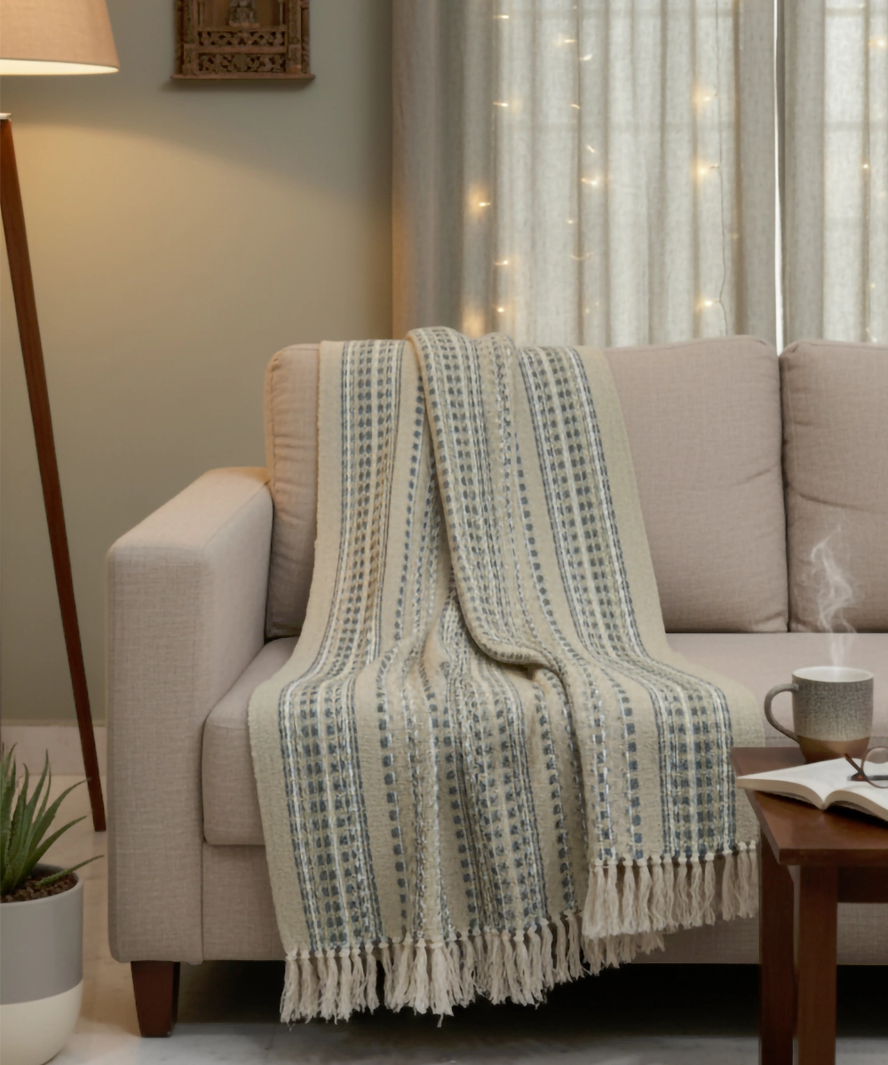 Beige with dull green & charcoal Hand Woven Cotton Sofa Throw