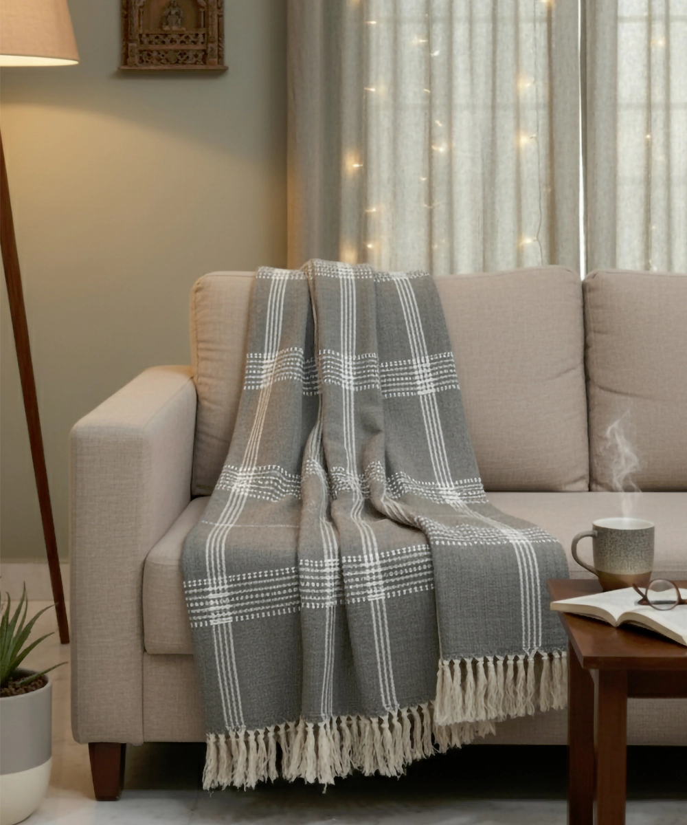 Dark Smoke & Off White Hand Woven Cotton Sofa Throw