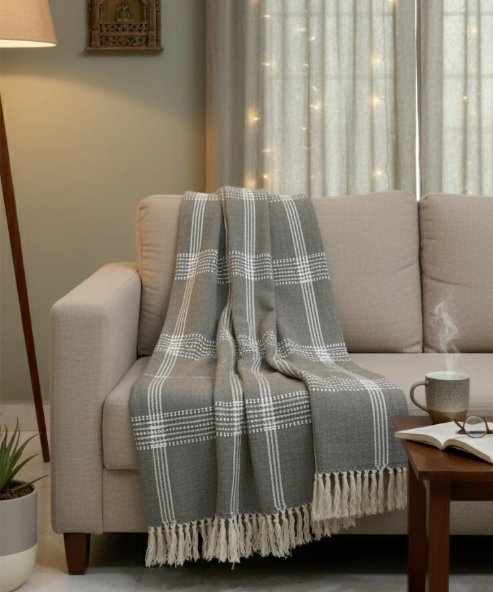 Dark Smoke & Off White Hand Woven Cotton Sofa Throw