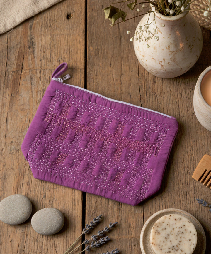 Plum Silk & Velvet Kantha Embroidered Utility Pouch