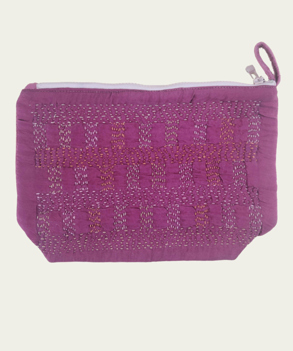 Plum Silk & Velvet Kantha Embroidered Utility Pouch