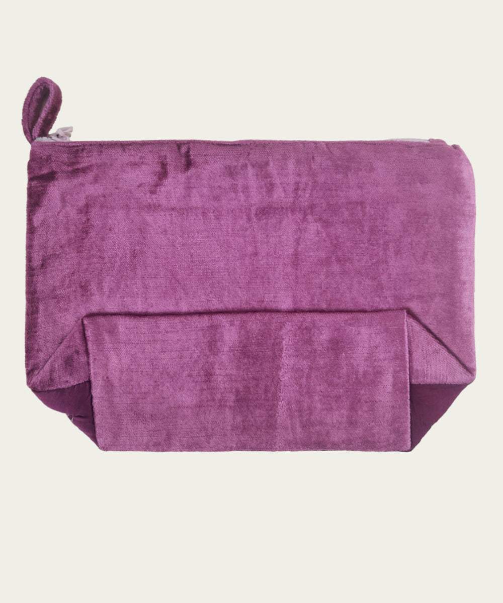 Plum Silk & Velvet Kantha Embroidered Utility Pouch