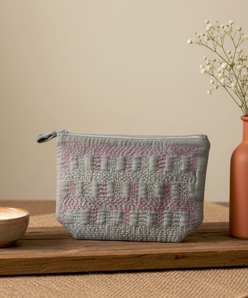 Dark Olive Silk & Velvet Kantha Embroidered Utility Pouch