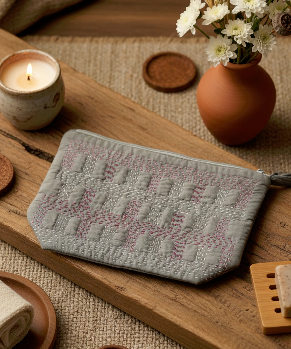 Dark Olive Silk & Velvet Kantha Embroidered Utility Pouch