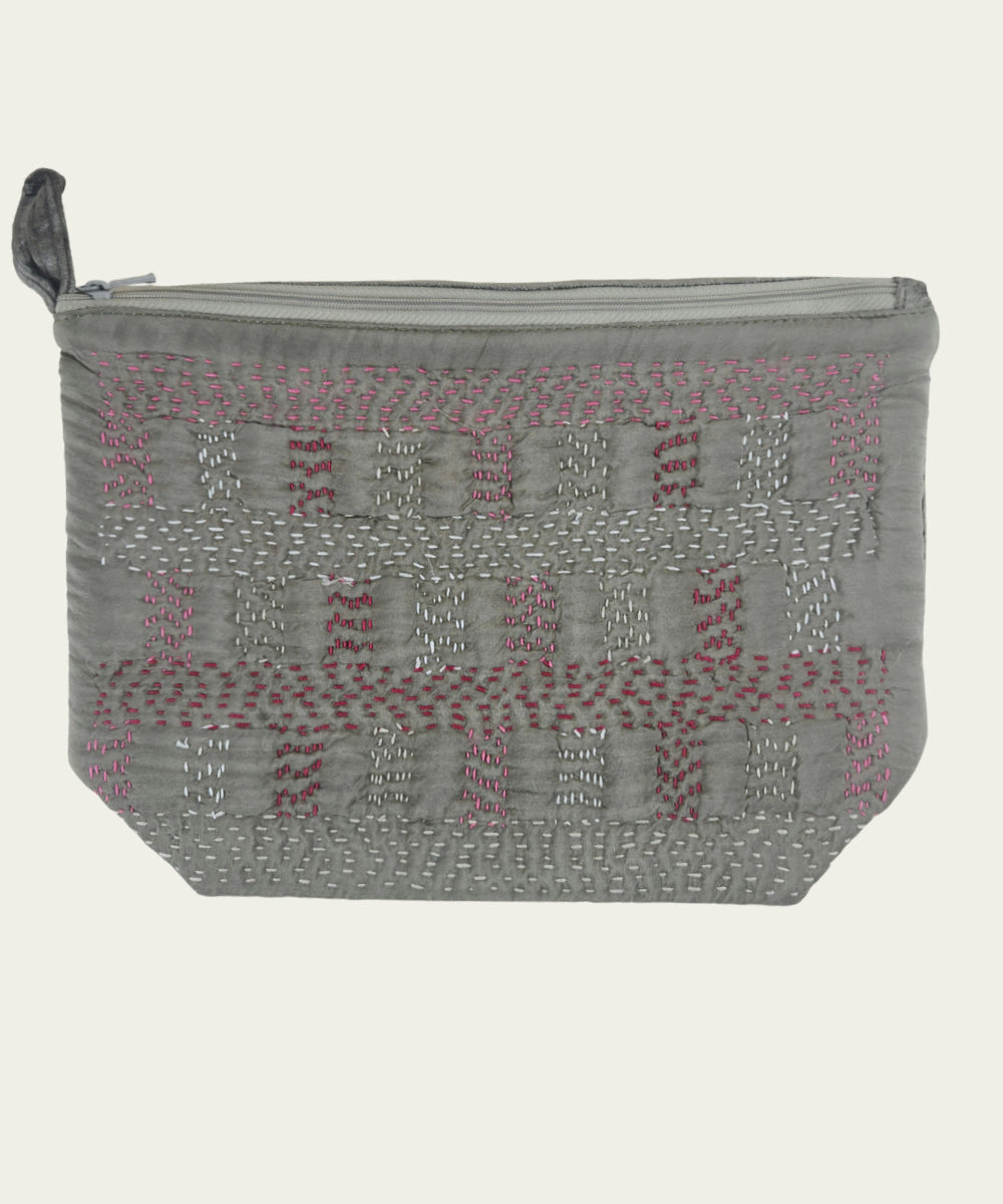 Dark Olive Silk & Velvet Kantha Embroidered Utility Pouch