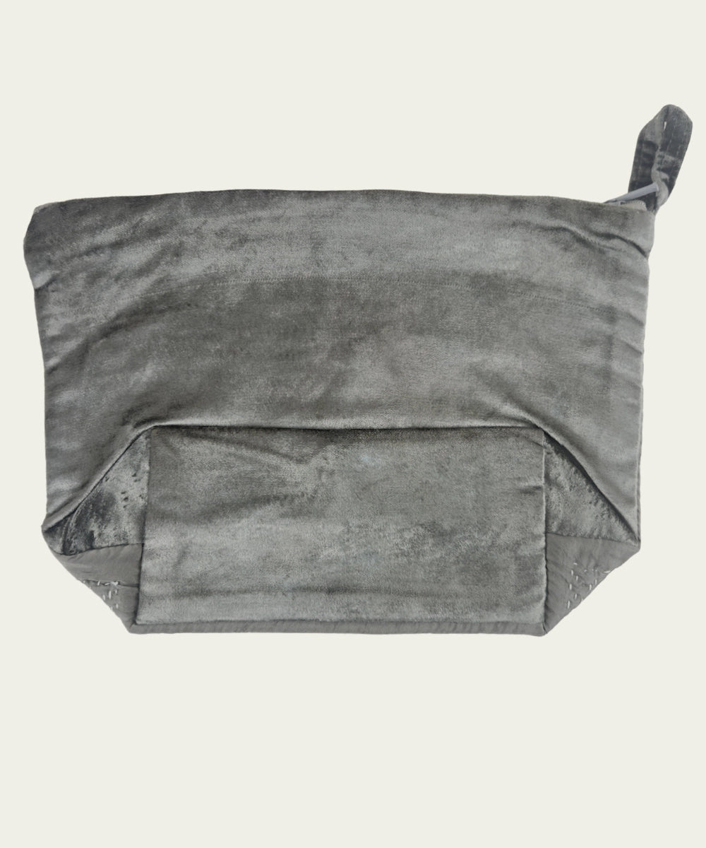 Dark Olive Silk & Velvet Kantha Embroidered Utility Pouch