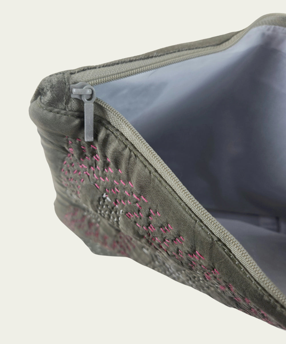 Dark Olive Silk & Velvet Kantha Embroidered Utility Pouch