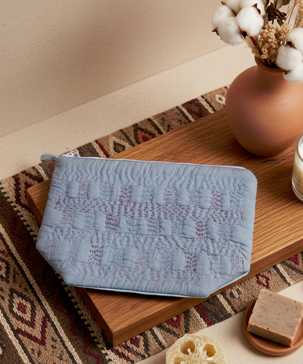 Grey Silk & Velvet Kantha Embroidered Utility Pouch