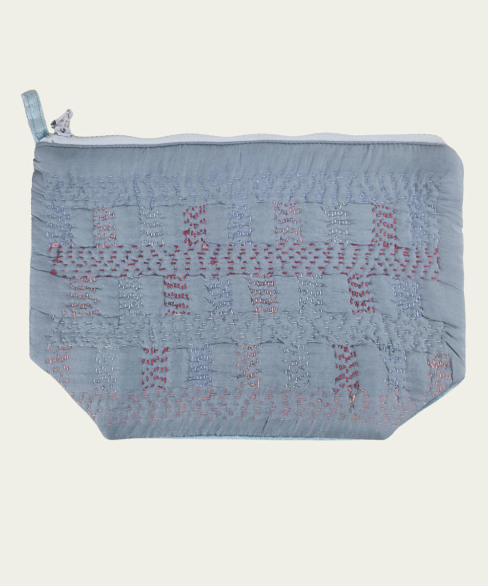 Grey Silk & Velvet Kantha Embroidered Utility Pouch
