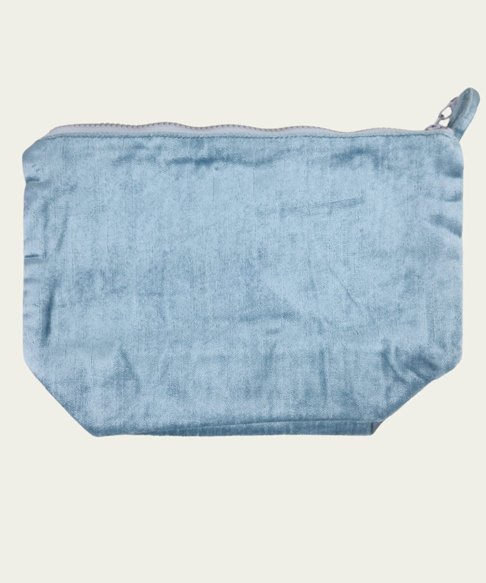 Grey Silk & Velvet Kantha Embroidered Utility Pouch