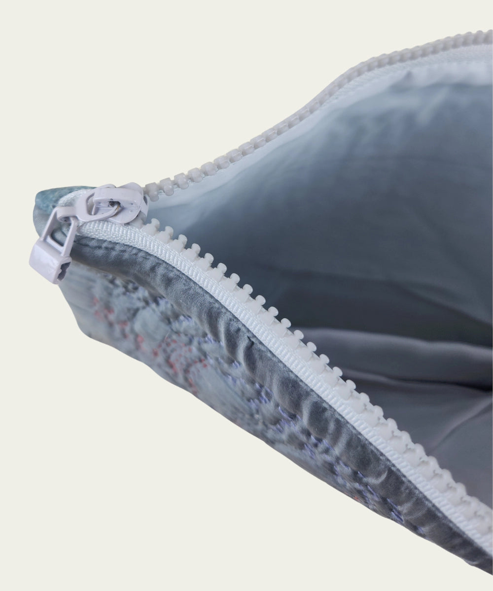 Grey Silk & Velvet Kantha Embroidered Utility Pouch